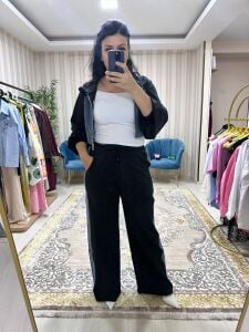 Denim detaylı kumaş takım