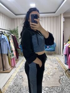 Denim detaylı kumaş takım