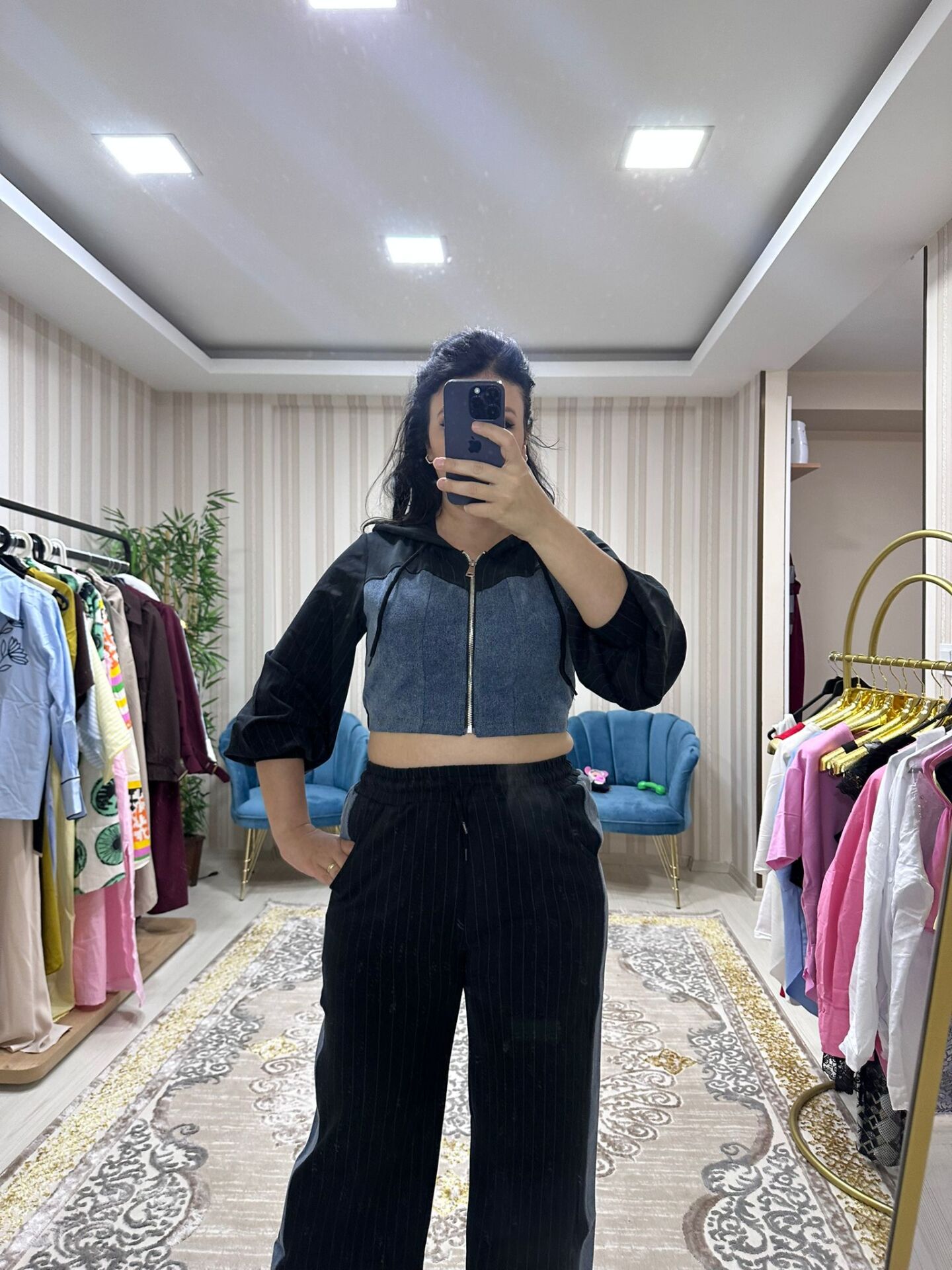 Denim detaylı kumaş takım