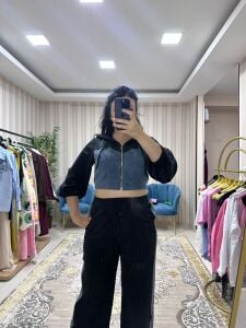 Denim detaylı kumaş takım