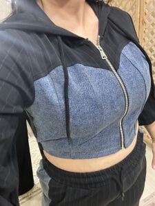 Denim detaylı kumaş takım