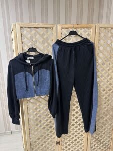 Denim detaylı kumaş takım