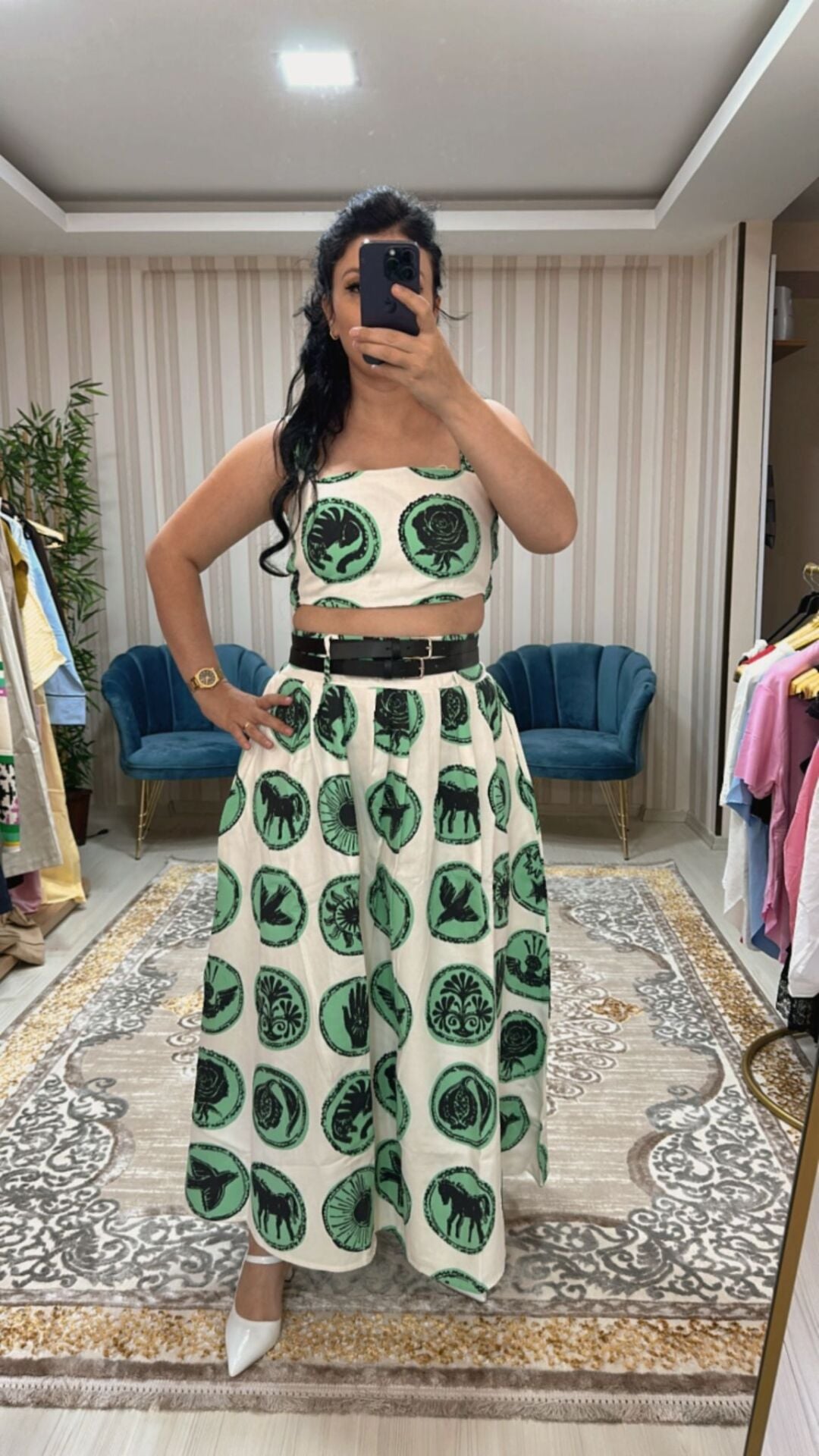 yüksek bel renkli gabardin takım