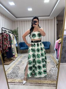 yüksek bel renkli gabardin takım