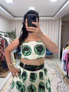 yüksek bel renkli gabardin takım