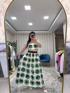 yüksek bel renkli gabardin takım