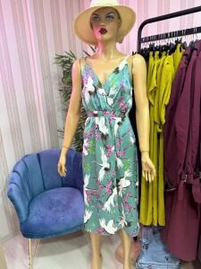 saten kuş baskılı elbise