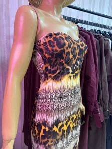 straplez leopar derin yırtmaçlı elbise