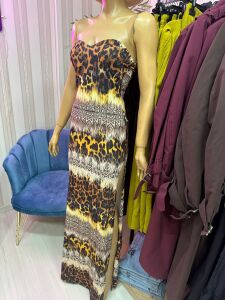 straplez leopar derin yırtmaçlı elbise