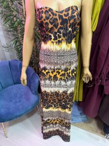 straplez leopar derin yırtmaçlı elbise