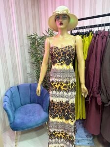 straplez leopar derin yırtmaçlı elbise