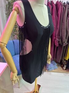siyah saçaklı mini elbise