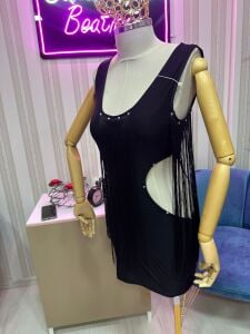 siyah saçaklı mini elbise