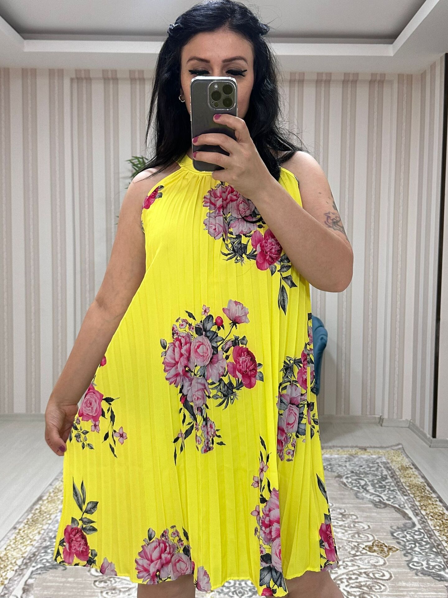 PREMİUM SARI AKORDİYON ELBİSE