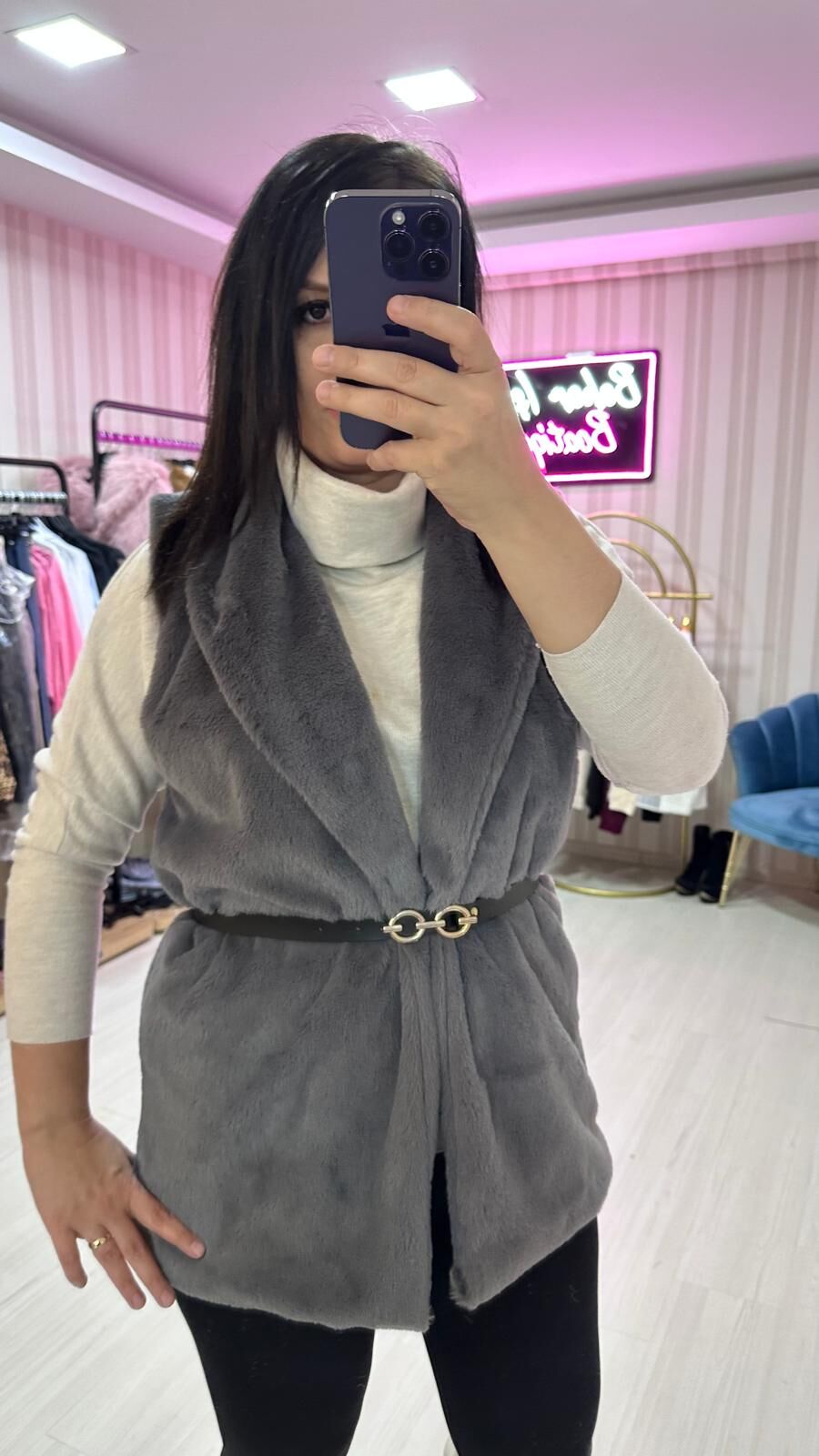 KEMERLİ PELUŞ YELEK GRİ