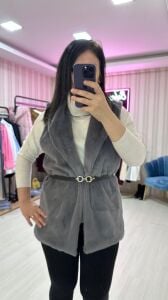 KEMERLİ PELUŞ YELEK GRİ