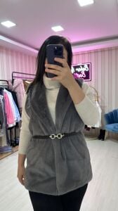 KEMERLİ PELUŞ YELEK GRİ