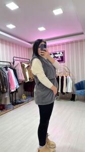 KEMERLİ PELUŞ YELEK GRİ