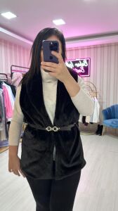 KEMERLİ PELUŞ YELEK SİYAH