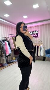 KEMERLİ PELUŞ YELEK SİYAH