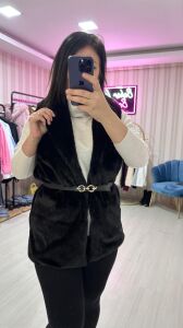 KEMERLİ PELUŞ YELEK SİYAH