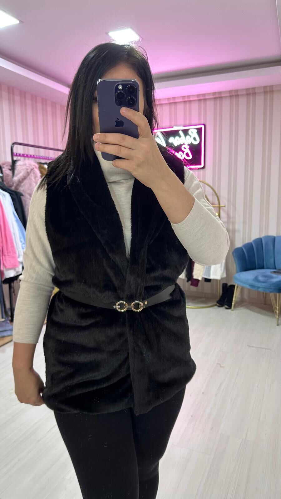 KEMERLİ PELUŞ YELEK SİYAH