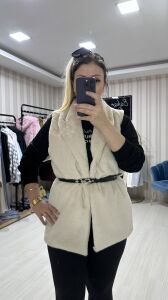 KEMERLİ PELUŞ YELEK BEJ