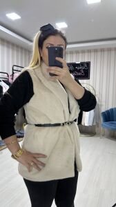 KEMERLİ PELUŞ YELEK BEJ