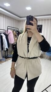 KEMERLİ PELUŞ YELEK BEJ