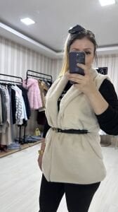 KEMERLİ PELUŞ YELEK BEJ