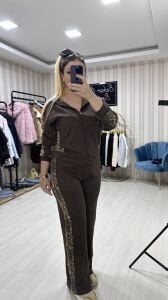 LEOPAR DETAYLI KAHVE İKİLİ TAKIM