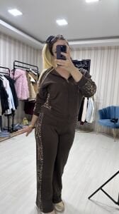 LEOPAR DETAYLI KAHVE İKİLİ TAKIM