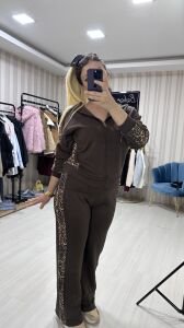 LEOPAR DETAYLI KAHVE İKİLİ TAKIM