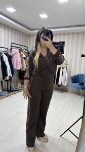 LEOPAR DETAYLI KAHVE İKİLİ TAKIM