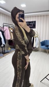 LEOPAR DETAYLI KAHVE İKİLİ TAKIM