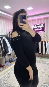 Omuz detaylı triko elbise